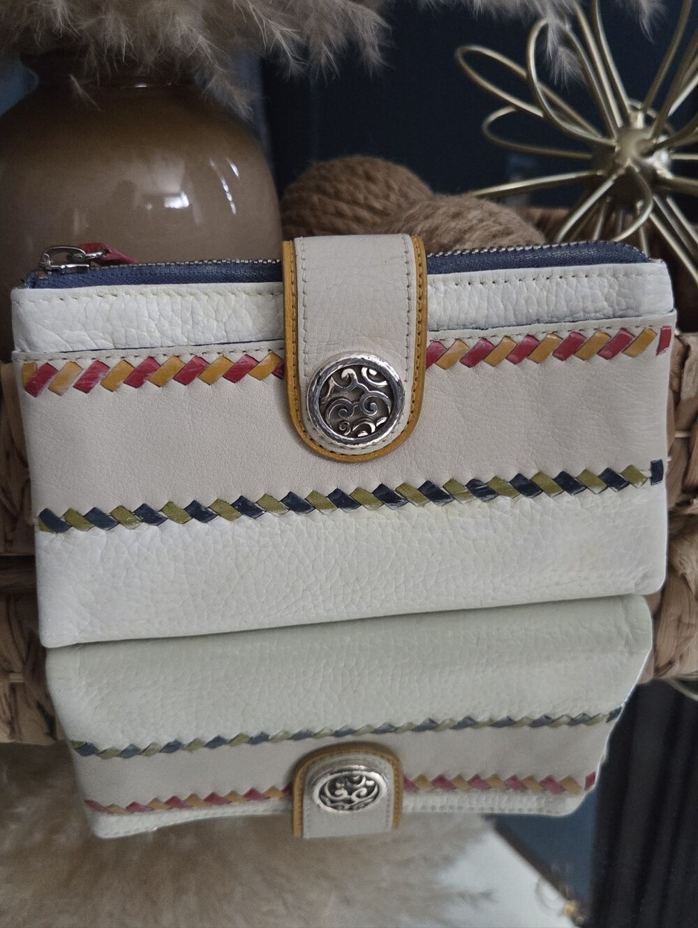Brighton White Leather Organizer Wallet | Multicolor Braided Trim